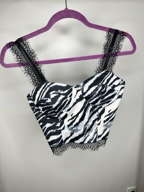 Zebra-Print Lace-Trim Crop Bustier Top - Black/White